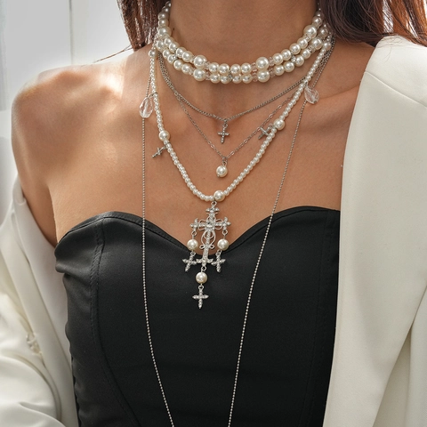Collana Multistrato Con Ciondolo A Croce E Choker Con Künstliche Perle Imitazione Lega Strass Vetro Gioielli Gotici Per Donna
