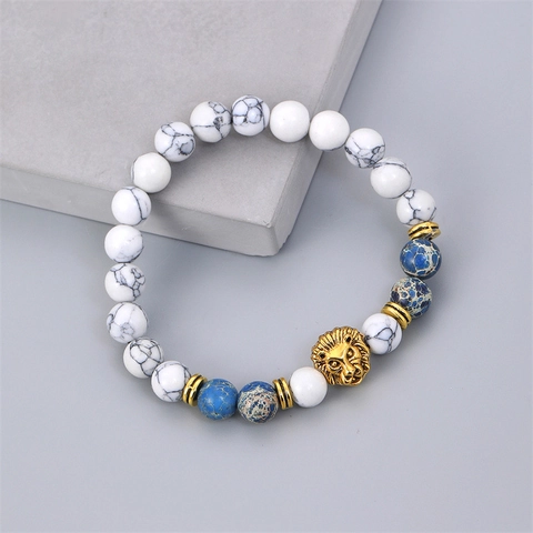 Lion Head Beaded Bracelet White Howlite And Blue Imperial Stone Alloy Elastic Jewelry For Men Fashion