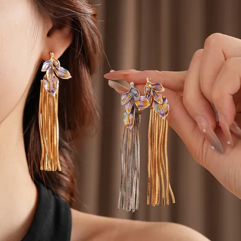 Pendientes Largos De Borla Con Hoja Vintage Con Esmalte De Color Y Poste De Plata Para Mujer Joyería Lujo