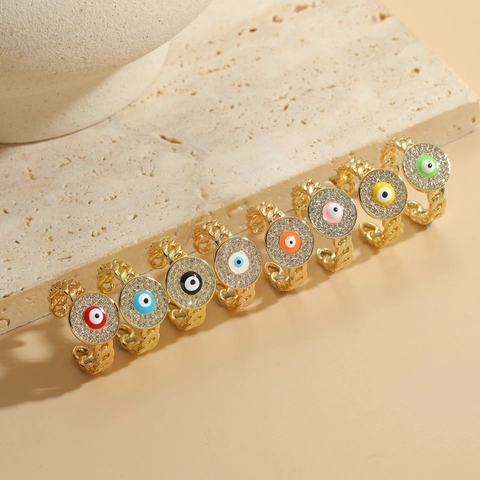 Bague Oeil du Diable en Cuivre Plaqué Or 14K de Luxe pour Femmes Mode Zircone Colorée Incrustée Chaîne Bague Ouverte Ajustable Bijoux