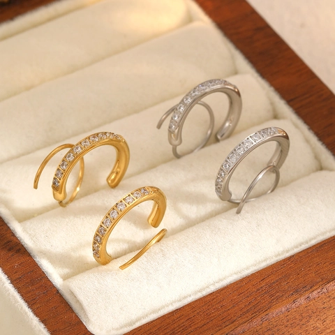 Stainless Steel Zircon Hoop Earrings With Spiral Post C Shaped Geometric Minimalist Fashion Commuting Jewelry For Women
