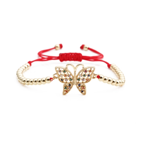 Butterfly Bracelet Copper Jewelry With Colorful Zircon Adjustable Braided Red Rope For Women Bohemian Style
