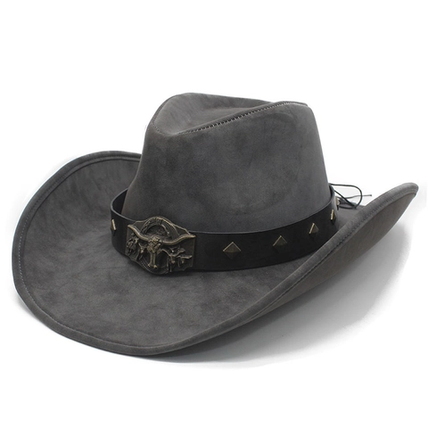 Cappello Da Cowboy Western Pelle PU Scamosciata Retrò Tesa Larga Con Fibbia Testa Di Toro Stile Etnico Uomo Donna