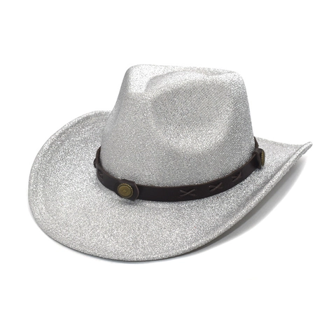 Cappello Da Cowboy Occidentale Paillettes Tesa Larga Cappello Jazz Etnico Con Fascia In Ecopelle E Rivetti In Metallo Party