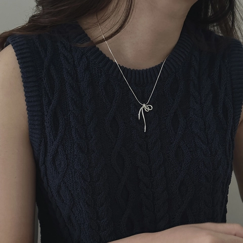 Collier Pendentif Nœud Ruban en Argent Sterling 925 pour Femme Elégant Minimaliste Chaîne d'Os de Serpent Bijoux Style Coréen
