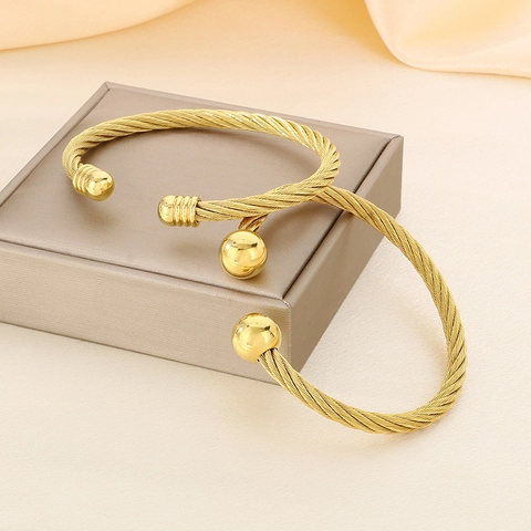 Minimalistischer 18K Vergoldeter Edelstahl Armreif Geflochtenes Kabel Offenes Manschettenarmband Doppelkugel Schmuck Damen