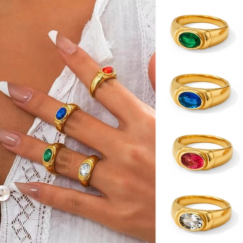 Vintage Oval Cubic Zirconia Ring Stainless Steel Wide Band Luxury Colorful Gemstone Jewelry For Women