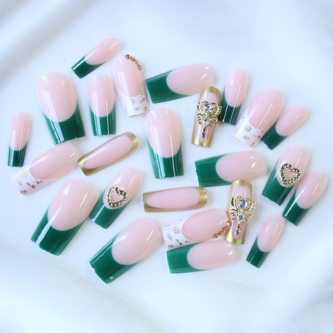 Coffin Press On Nails Emerald Green White French Style Sparkling Rhinestone Heart Gold Decor Artificial Nails For Women