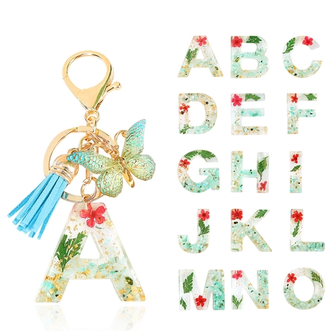 Porte-Cles Resine Lettre Alphabet Fleurs Sechees Feuilles Or Papillon Gland Suede Pendentif Sac Cadeau Pour Femmes