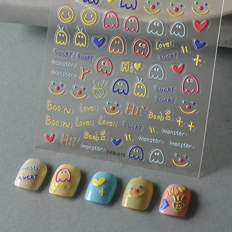 Nail Art Stickers Embossed Waterproof DIY Decoration Cute Cartoon Graffiti Style Self Adhesive For Women