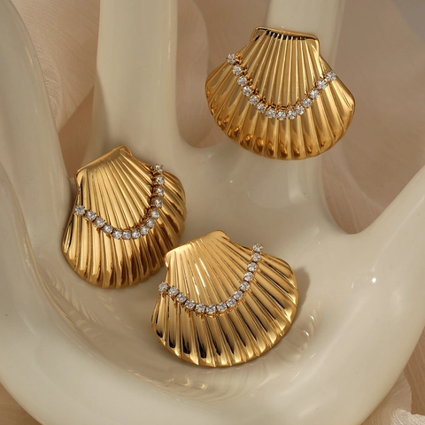 Muschel Schmuckset Edelstahl Zirkonia Ohrringe Und Ring PVD Beschichtet Wasserfest Hypoallergen Mode Für Damen