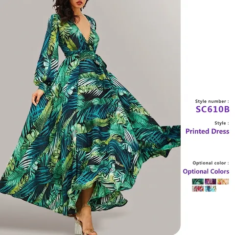 Maxi Jurk Met Lantaarnmouwen V-Hals Polyester Hoge Taille Tropische Palmblad Bloemenprint Boho Vakantie Swing