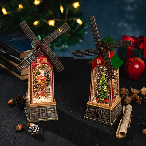 Christmas Windmill Snow Globe Music Box With LED Light Automatic Snowfall Retro Desktop Decorative Ornament Gift