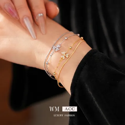 Bracciale A Doppio Strato Donna Rame Zircone Quadrifoglio Fiore Pendente Catena Serpente Perla Gioielli Di Moda Regolabili