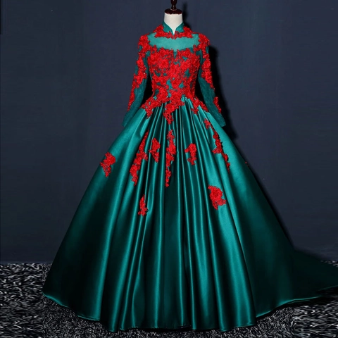 Elegante Abito Da Sera Maniche Lunghe Collo Alto Raso Ricamo Floreale Schiena Scoperta Stringato Festa Matrimonio Gala