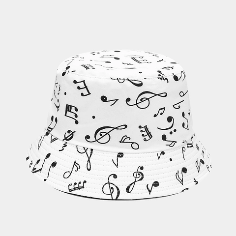 Reversible Bucket Hat Cotton Canvas Music Note Print Sun Protection Outdoor Sun Hat Unisex Double Sided Fashion