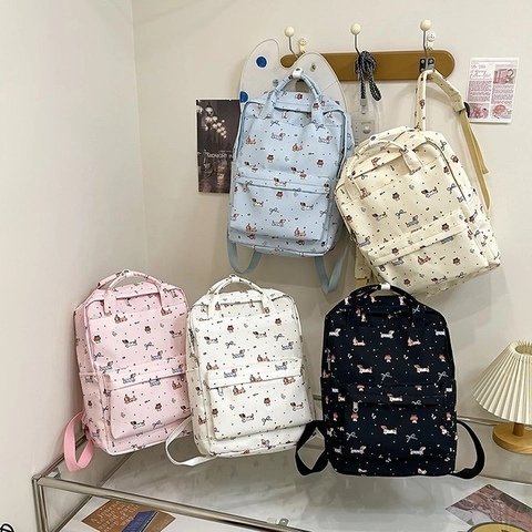 Cartoon Dackel Print Rucksack Nylon Große Kapazität Schultasche Für Schüler Lässiges Süßes Schleifen Design