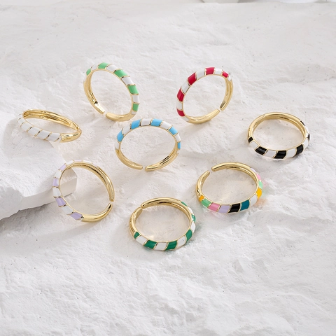 Böhmischer Geometrischer Offener Ring Kupfer Vergoldet Emaille Tropföl Gestreift Verstellbarer Schmuck Für Damen