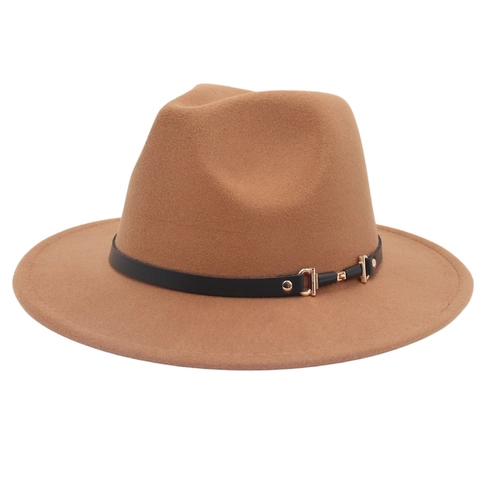 Vintage Wide Brim Fedora Hat Woolen Felt Jazz Cap With Leather Band Metal Buckle Solid Color Elegant Fashion Accessory