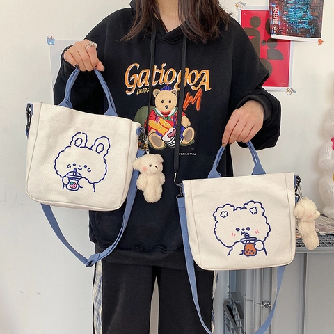 Damen Canvas Tote Bag Cartoon Bär Hase Druck Kawaii Schulter Umhängetasche Mit Plüsch Anhänger Für Studenten