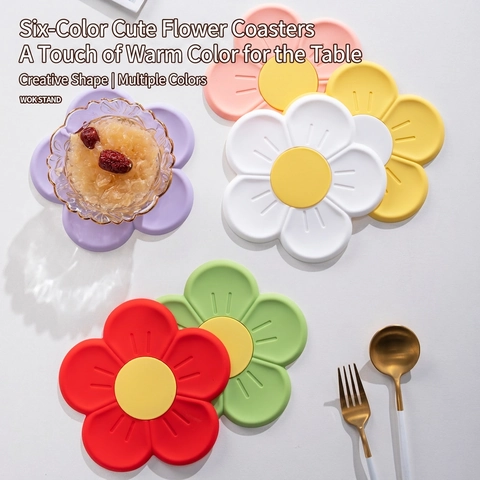 Set De Table En Silicone Résistant À La Chaleur En Forme De Fleur Dessous De Verre Sakura Antidérapant Épais Support De Casserole