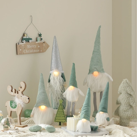 Glowing Christmas Gnome Ornaments Faceless Elf Doll Sage Green Knitted Faux Fur Desktop Holiday Decor