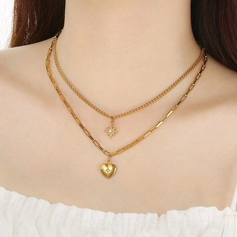 Heart Pendant Necklace Stainless Steel Rhinestone Double Layer Fashion Gold Tone Jewelry Elegant For Women Girls