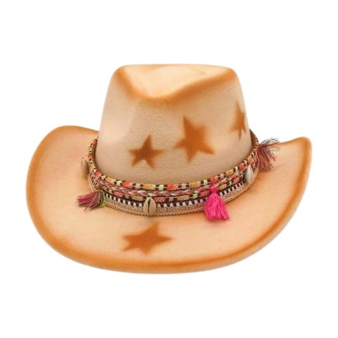 Western Cowboy Hat Polyester Felt Star Print Ethnic Bohemian Woven Band Shell Tassel Vintage Fedora Unisex