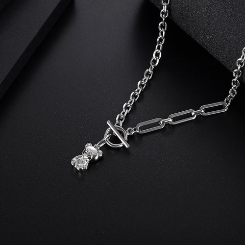 Bear Pendant Necklace Titanium Steel Mixed Chain Toggle Clasp Hip Hop Style Unisex Jewelry Silver Color