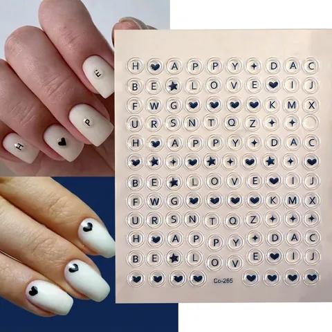 Adesivi Per Unghie 3D Rilievo Lettere Alfabeto Inglese Nero Cuore Stella Motivi DIY Manicure Decorazione Impermeabile