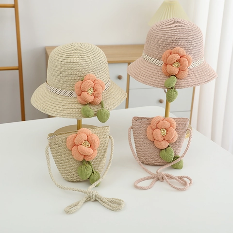 Damen Sweet Cute Papierstroh Sonnenhut Mit Passender Stoffblume Umhängetasche Für Outdoor Beach Sommer Kinder Accessoires