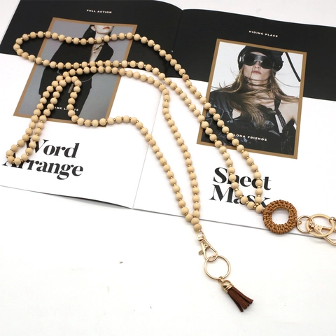 Handmade Wood Bead Lanyard Keychain With Woven Rattan Ring And Tassel Nordic Style Boho Necklace Strap For ID Badge Women