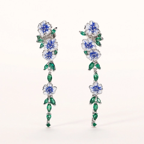 Elegant Western Style Long Floral Dangle Earrings Blue Enamel Flower Green Zirconia Leaf Copper Jewelry For Women Fashion Accessory