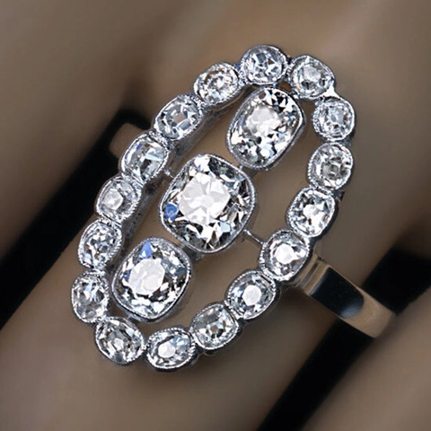Luxury Women Engagement Ring Copper With Zircon Vintage Oval Hollow Design Rhodium Color For Wedding Social Events