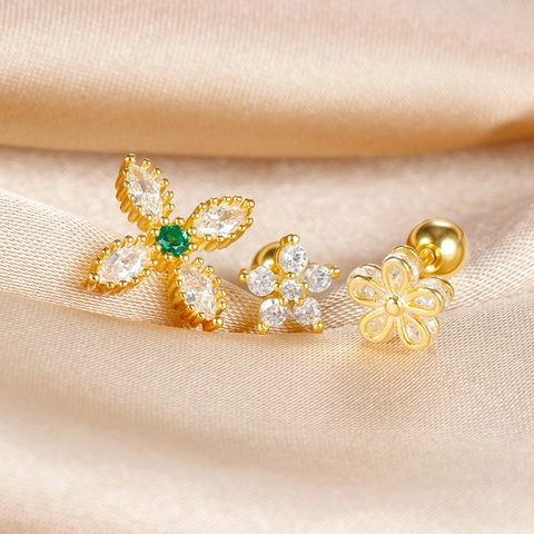 Stainless Steel Zircon Flower Stud Earrings With Screw Ball Back For Helix Piercing Small Cartilage Jewelry