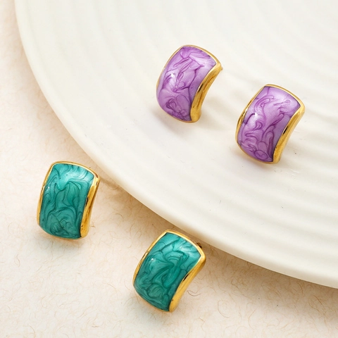 Stainless Steel Stud Earrings With Enamel Drip Glaze Marble Texture French Retro Exquisite Small Jewelry For Women