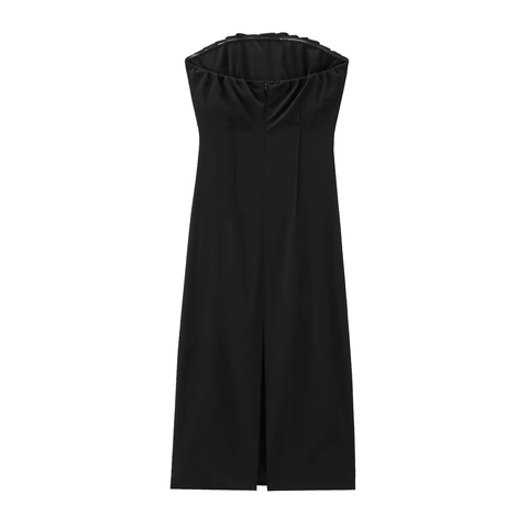 Women Strapless Maxi Dress Acetate Satin Sleeveless Solid Color Back Slit Elegant Evening Party Wear