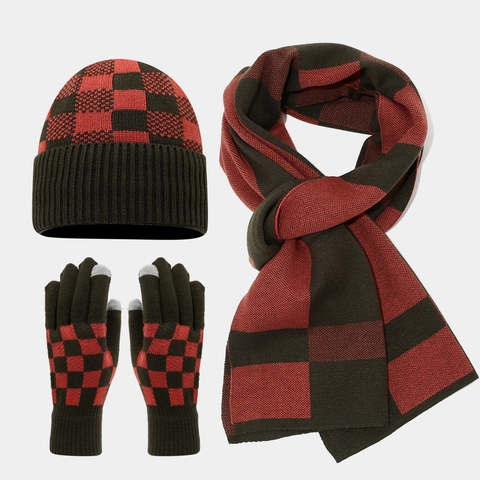 Winter Beanie Mütze Schal Und Handschuhe Set Strick Acryl Schachbrett Karo Muster Touchscreen Finger Damen Herren Outdoor