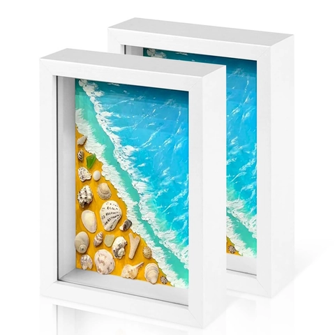 Deep Shadow Box Photo Frame With LED Light Natural Seashell DIY Display Wood Texture Desktop Ocean Theme Home Decor