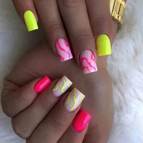 Glossy Wave Pattern Press On Nails Fluorescent Green Rose Pink Contrast Color Square Shape False Nails For Women
