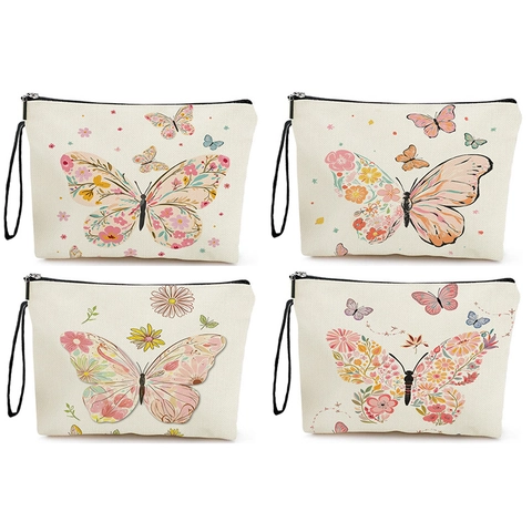 Butterfly Print Cosmetic Bag Fine Linen Makeup Pouch Travel Organizer With Zipper And Wristlet For Women