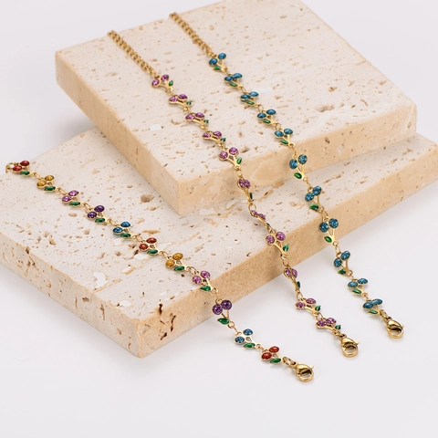 Bracciale Ciliegia in Acciaio Inossidabile Bohemien per Donna Placcato Oro Smalto Colorato Braccialetto Frutta Strass Gioielli