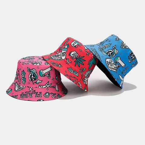 Reversible Bucket Hat Polyester Graffiti Print Streetwear Sun Protection Outdoor Cap For Men Women