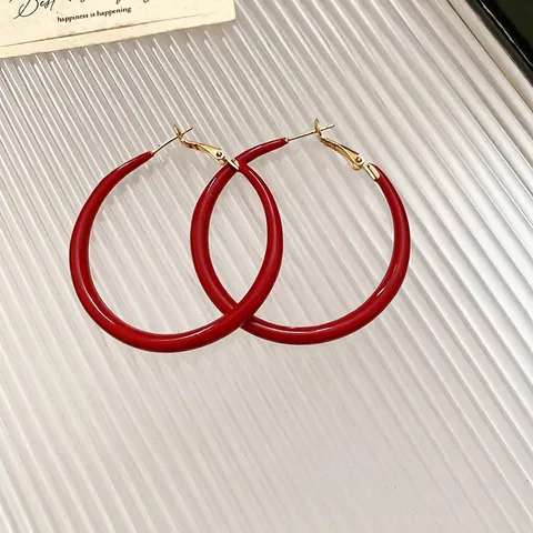 Boucles D'oreilles Créoles Rouges Vintage Avec Tige En Argent Sterling 925 Émail Brillant Rond Bijoux Minimalistes