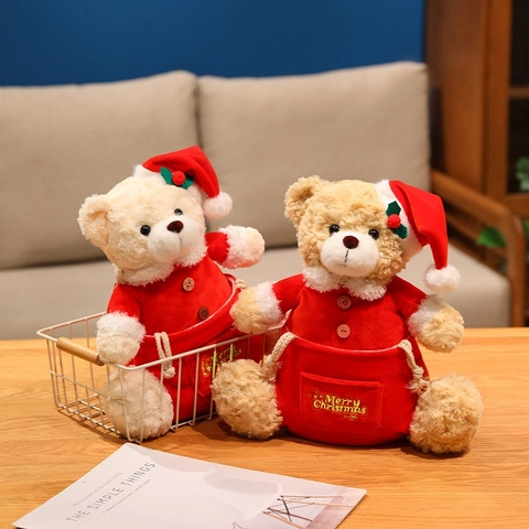 Weihnachts Teddybär Plüschtier Aufbewahrungstasche Weiche Puppe Rotes Weihnachtsmann Outfit Aufhängeseil Deko