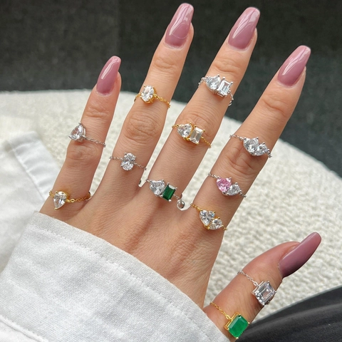 Moderne Minimalistische Koperen Verstelbare Kettingring Voor Dames Met Gekleurde Strass Hart Waterdruppel Geometrische Edelsteen Sieraden Cadeau