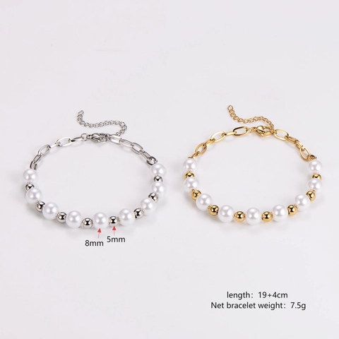 Pulsera De Perlas Artificiales De Acero Inoxidable Vintage Minimalista Perla Artificial Redonda Empalmada Joyería Para Hombres Mujeres Ajustable