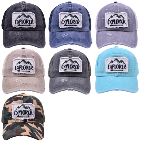 Vintage Trucker Hat Gewaschene Baumwolle Mesh Rückseite Atmungsaktiv Explorer Patch Verstellbare Outdoor Sport Baseballkappe