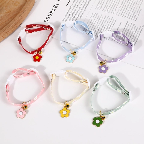 Adjustable Pet Collar With Floral Print And Enamel Flower Pendant Gold Bell For Cats Small Dogs Soft Fabric Neck Strap
