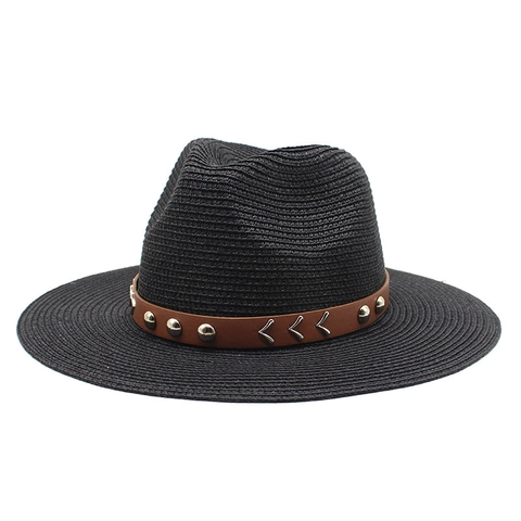 Chapeau De Paille Fedora Cowboy Western Vintage Avec Bande En Cuir Rivets Large Bord Protection Solaire Pliable Unisexe